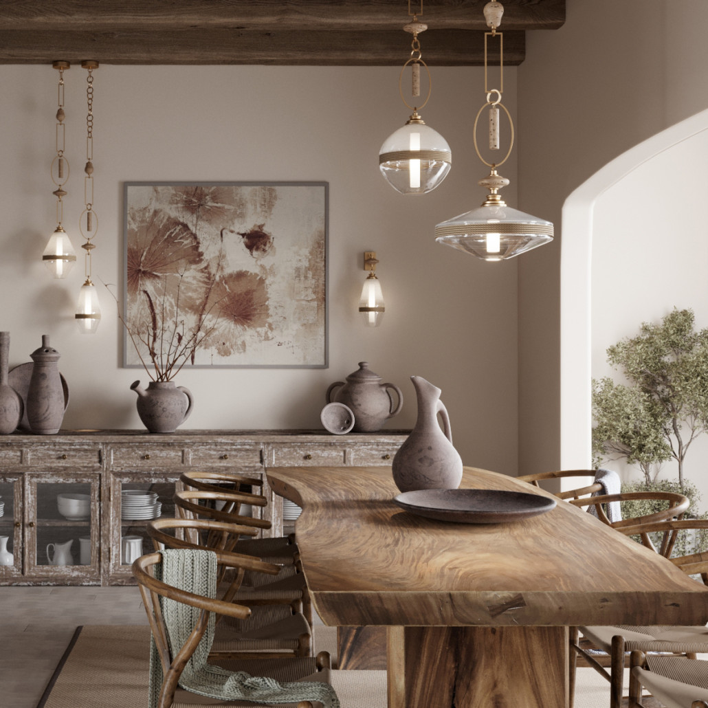 Подвесной светильник с прямоугольными и овальными элементами и акцентом из натурального камня Tectona