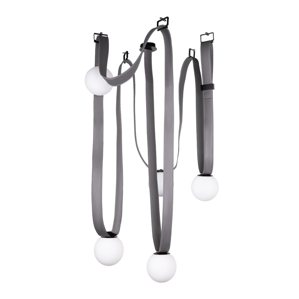 Подвесной светильник с серыми кожаными ремнями и белыми стеклянными плафонами в виде шаров Flos Wireline Lighting