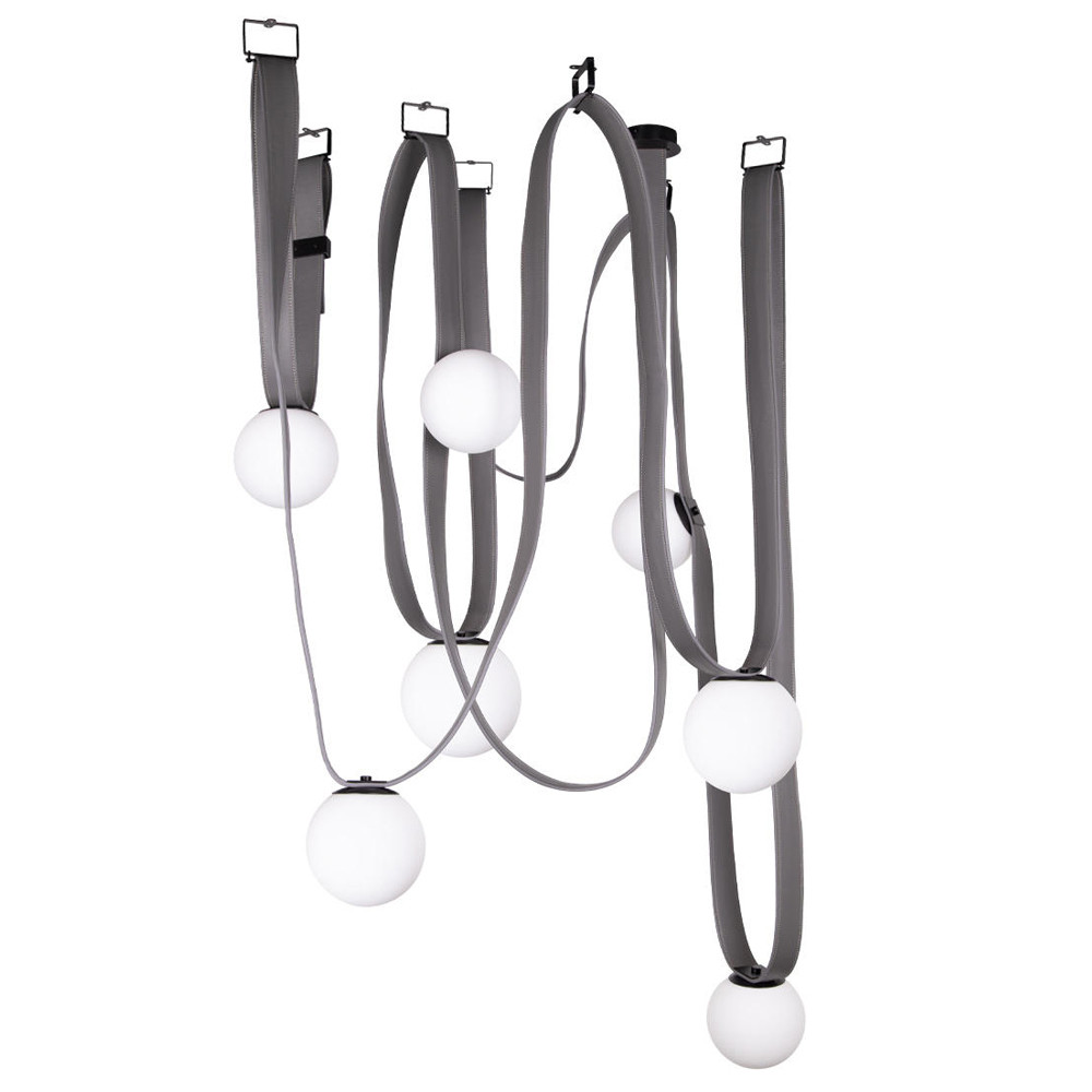Подвесной светильник с серыми кожаными ремнями и белыми стеклянными плафонами в виде шаров Flos Wireline Lighting