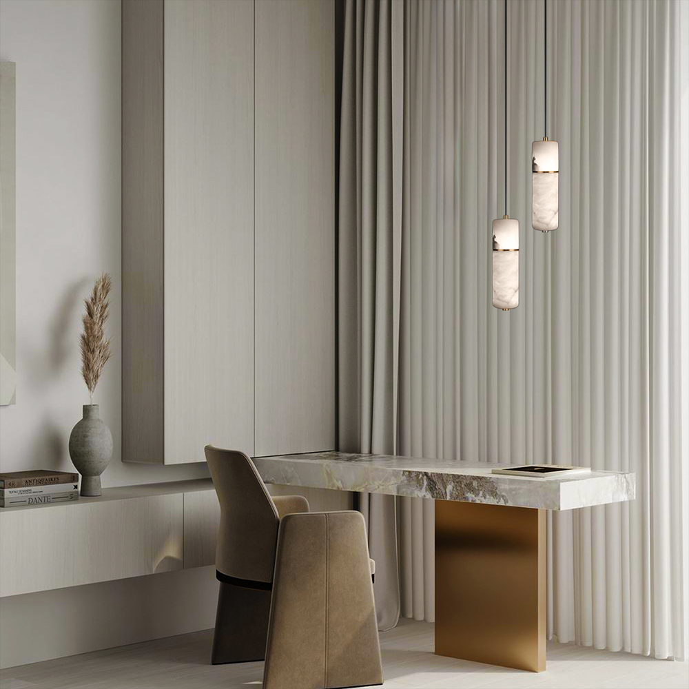 Подвесной светильник с цилиндрическим плафоном из белого алебастра Cryptocrystalline Stone