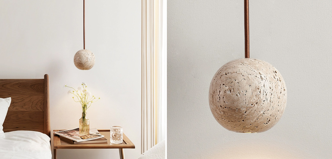 Подвесной светильник с шарообразным корпусом из камня травертина POVL TRAVERTINE