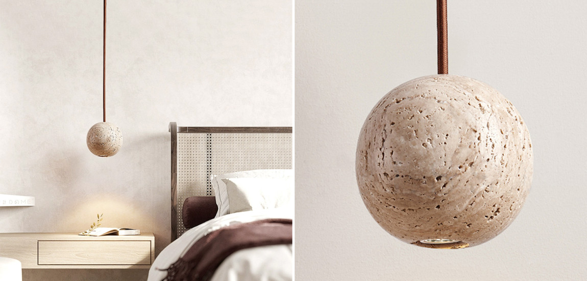 Подвесной светильник с шарообразным корпусом из камня травертина POVL TRAVERTINE