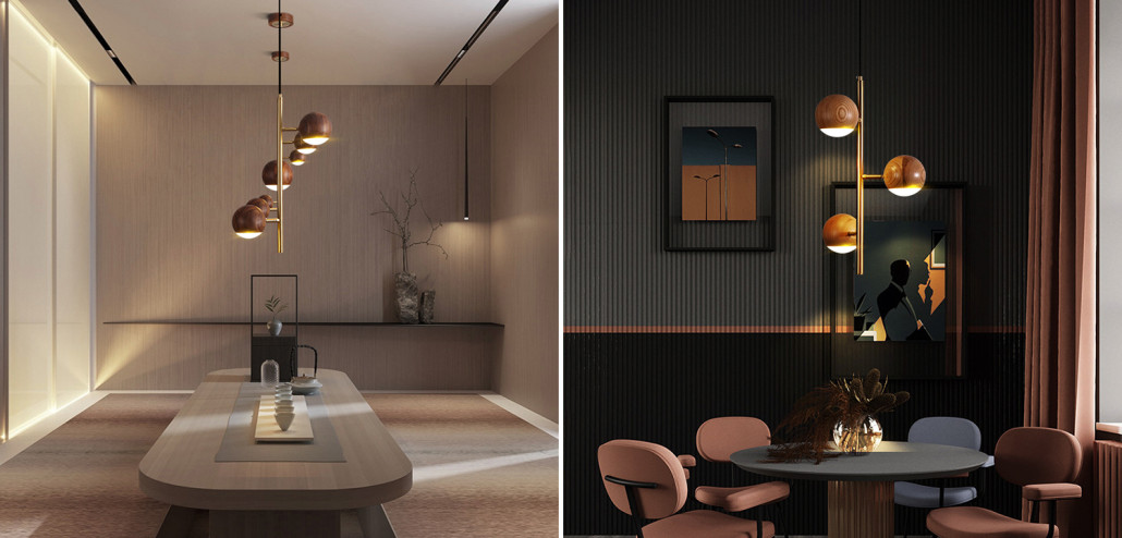 Подвесной светильник с шарообразными плафонами из светлого и темного дерева Magalie Wooden Hanging Lamp