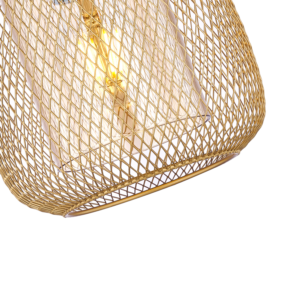 Подвесной светильник со стеклянным плафоном цилиндрической формы и металлической сеткой Metal Mesh Gold
