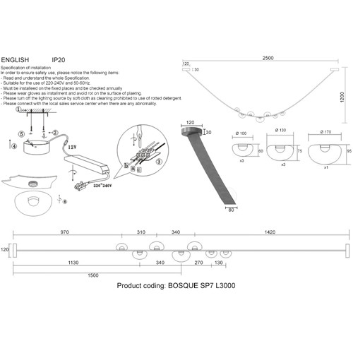 Подвесной светильник тонкий из кожи с 7-ю лампочками Flos Wireline Lighting
