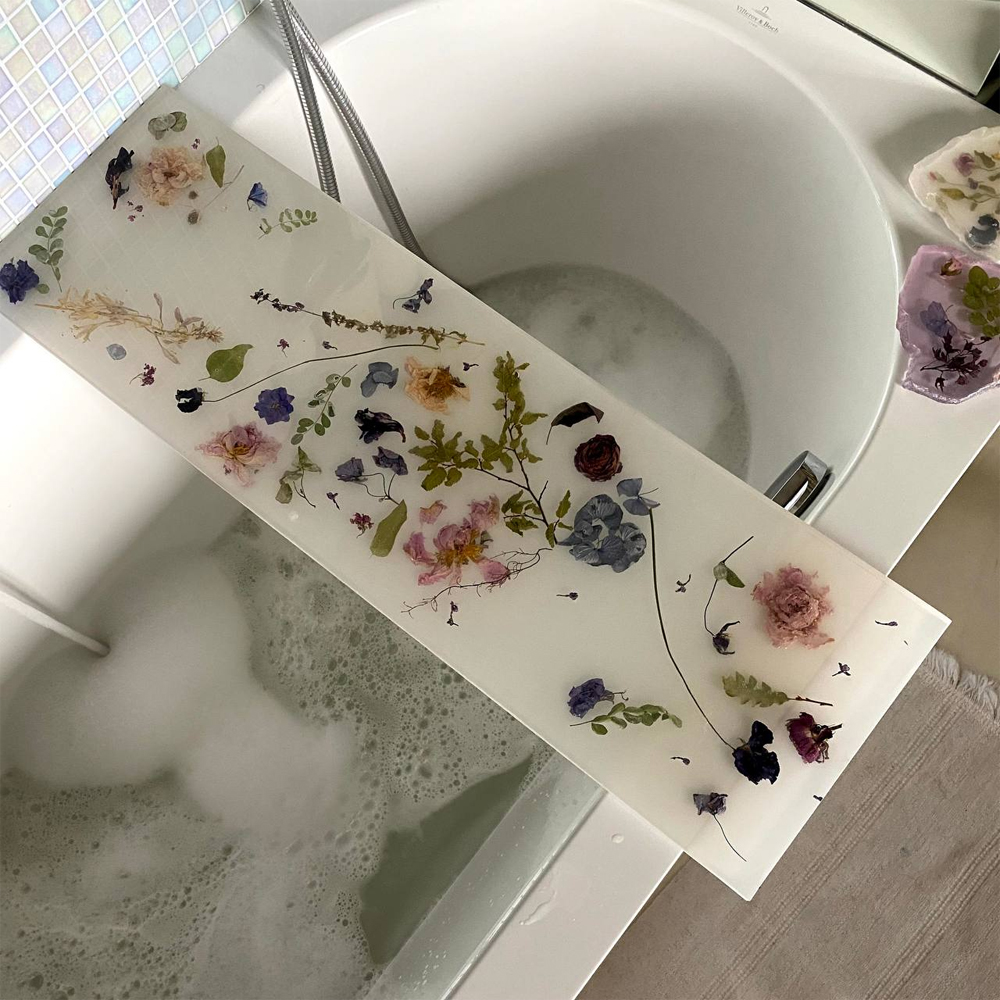 Поднос для ванны из эпоксидной смолы с цветами белая Epoxy Resin Flowers Bath Tray White