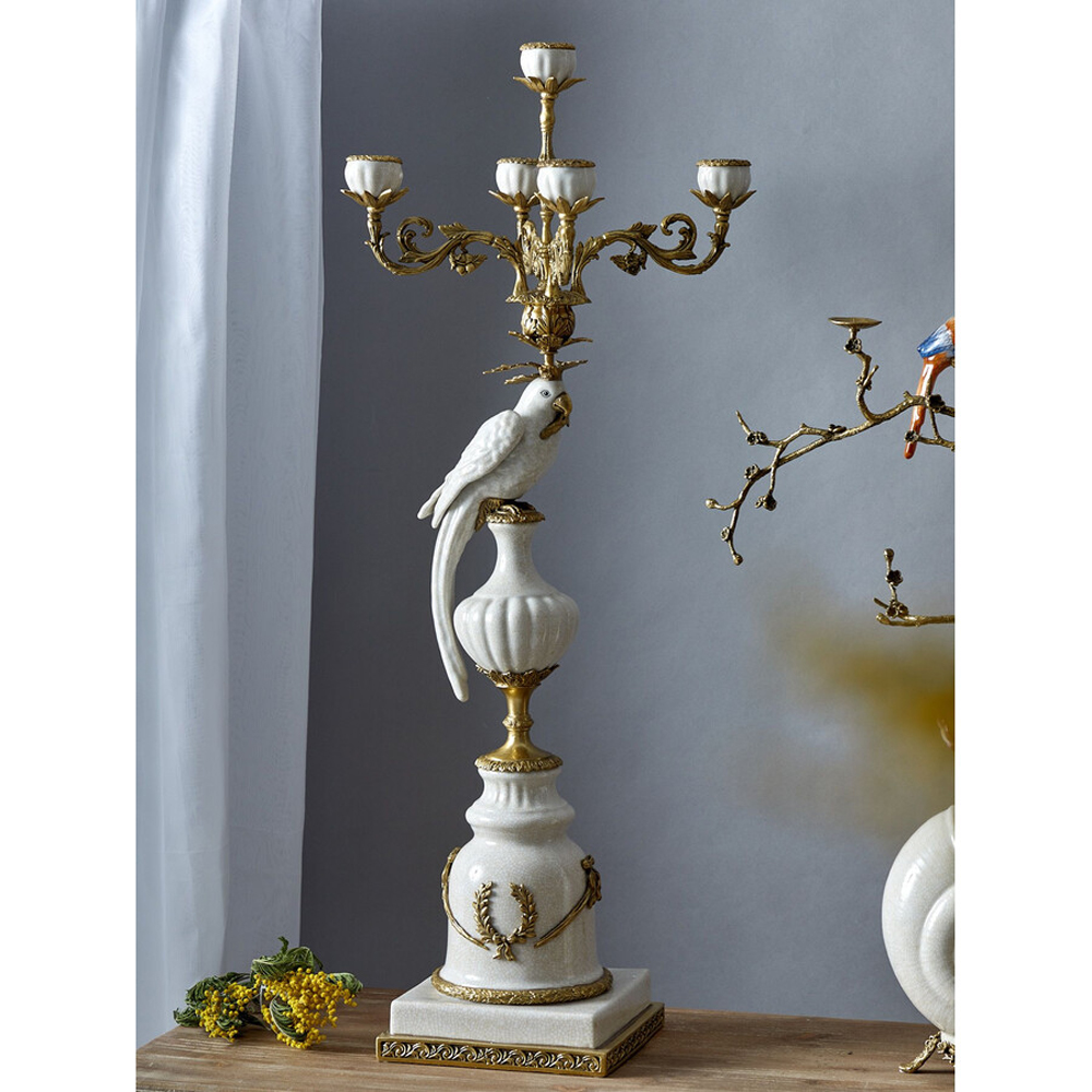 Подсвечник белый Попугай из фарфора с бронзовыми элементами Eden Garden