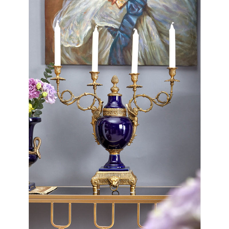 Подсвечник из темно-синего фарфора на бронзовой подставке с фигурками ангелов и декоративными ручками Eden Garden