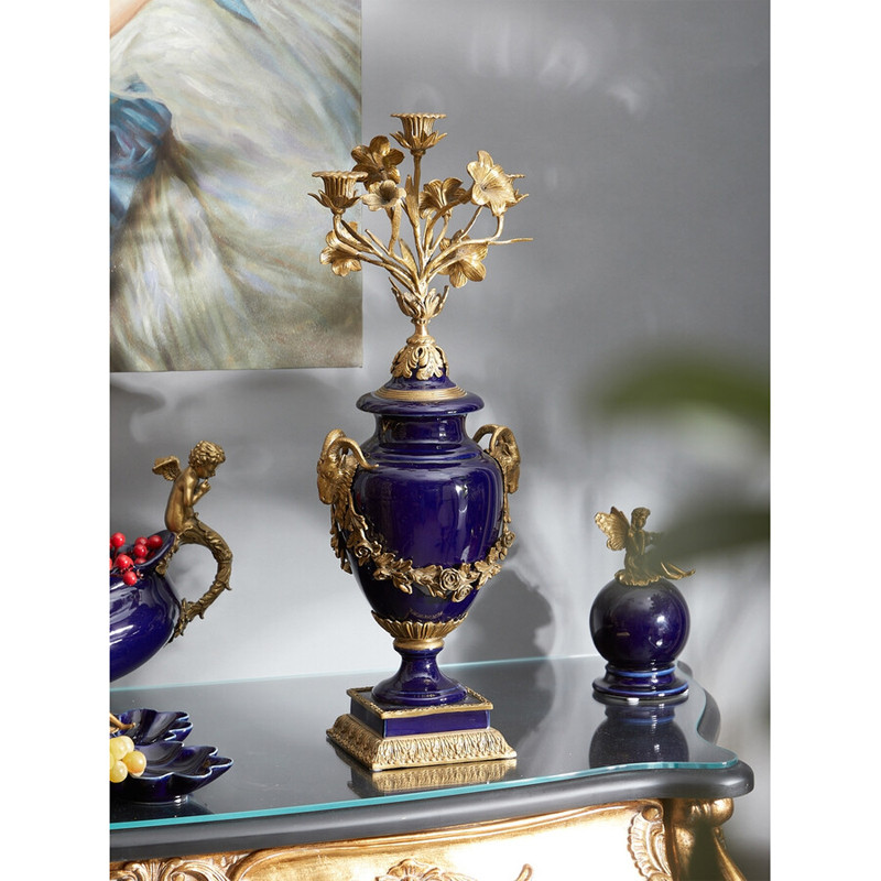Подсвечник из темно-синего фарфора с бронзовыми элементами и цветами Eden Garden
