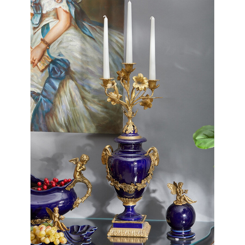 Подсвечник из темно-синего фарфора с бронзовыми элементами и цветами Eden Garden