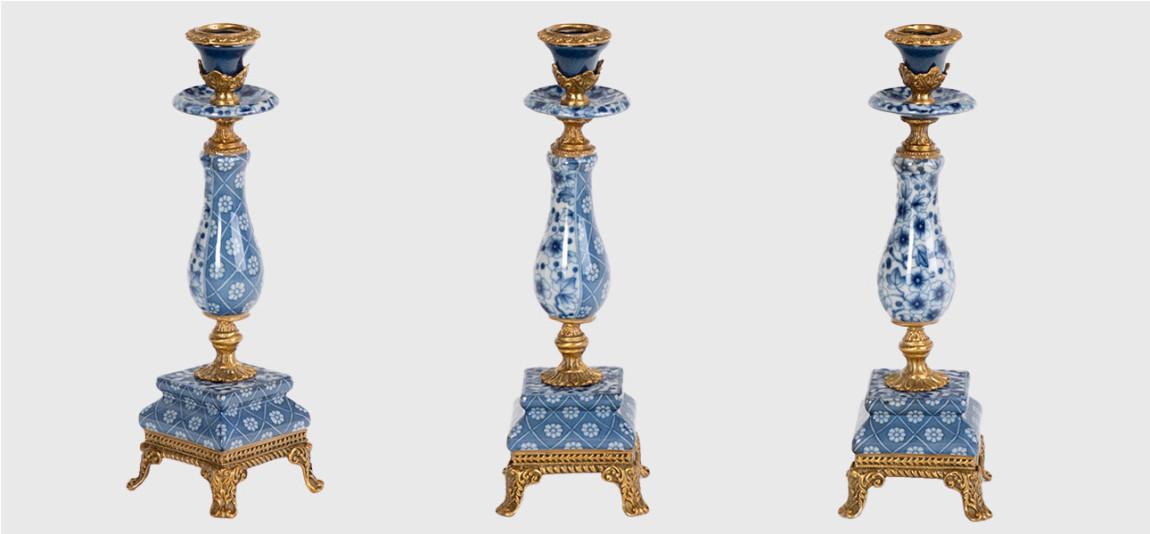 Подсвечник синий с элементами бронзы Chamomile