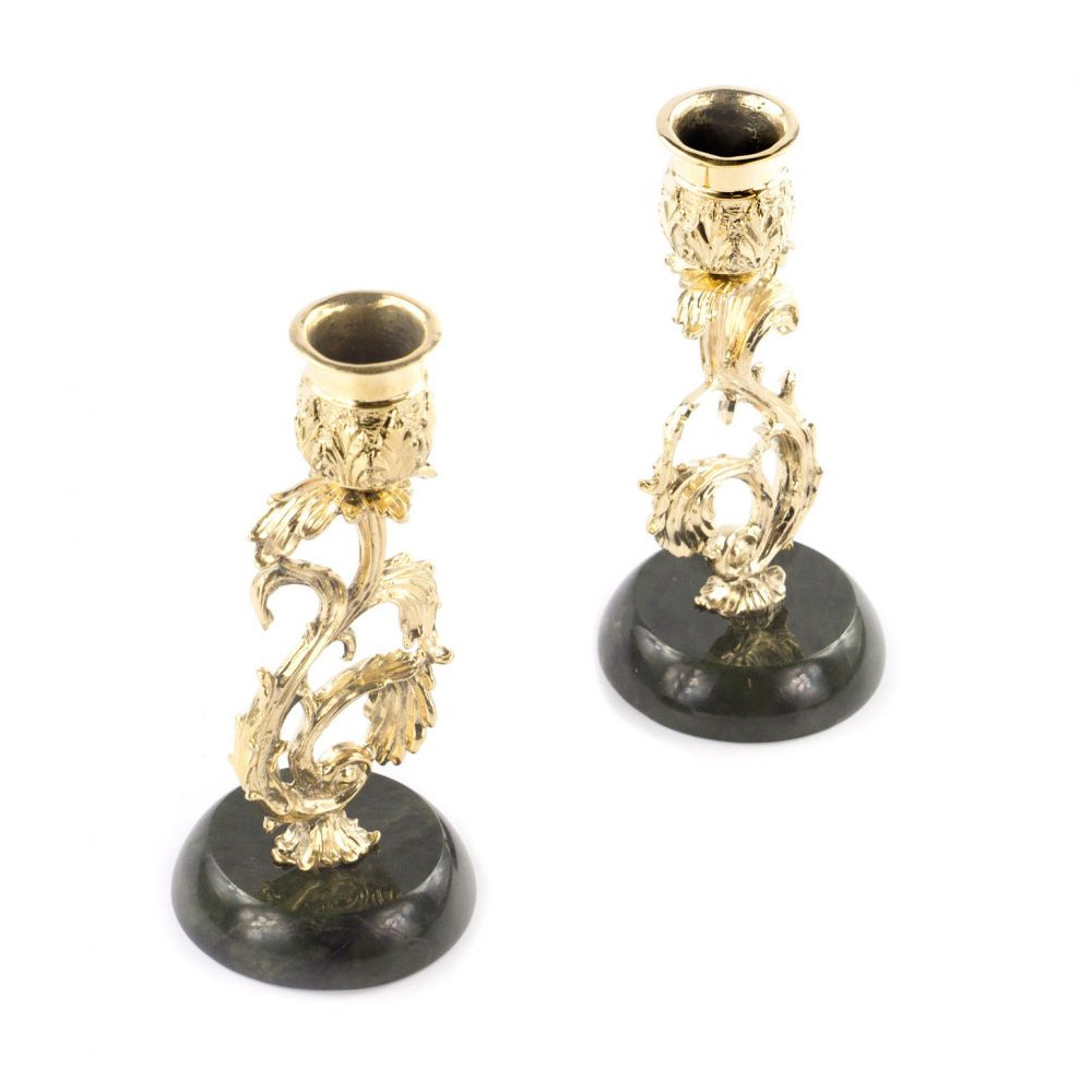 Подсвечники бронзовые на подставке из натурального камня нефрит Stone Candlestick