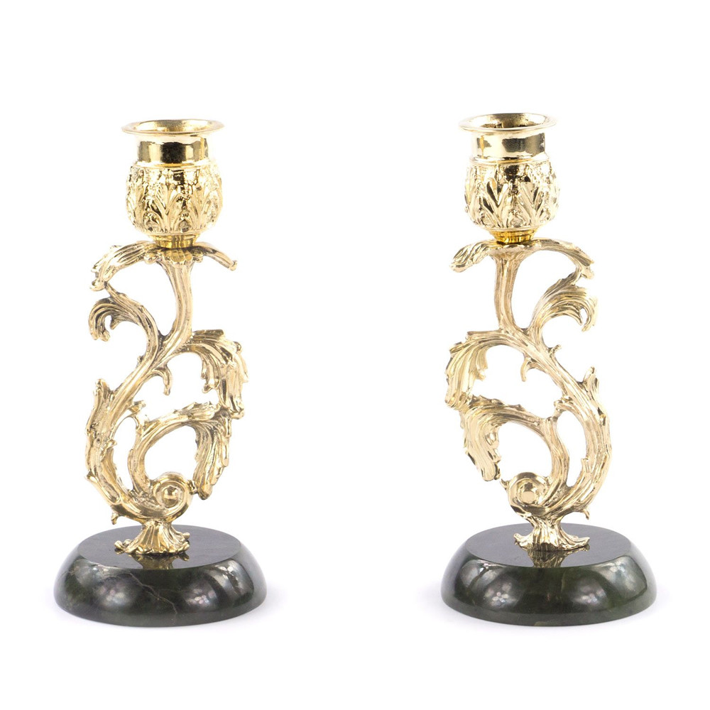 Подсвечники бронзовые на подставке из натурального камня нефрит Stone Candlestick