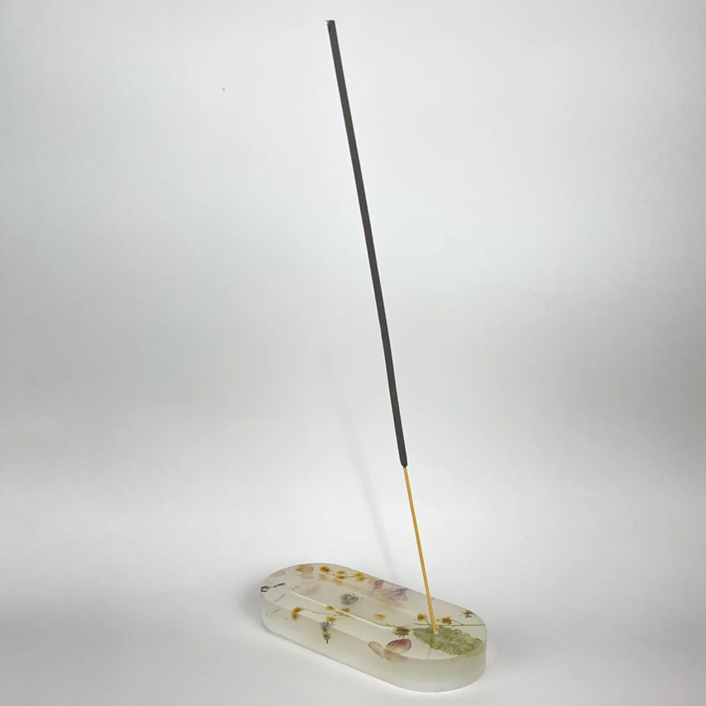 Подставка под благовония из эпоксидной смолы с цветами белая Epoxy Resin Flowers Incense Oval Stand White