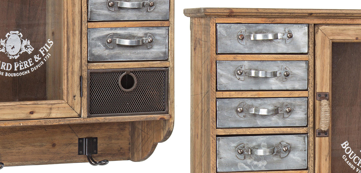 Полка в винтажном стиле с витриной и металлическими выдвижными ящиками Vintage Wood Shelf