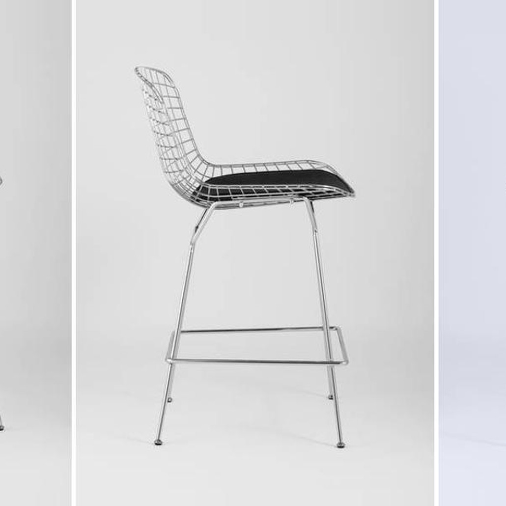 Полубарный стул Bertoia Barstool Хромированный с Черной подушкой