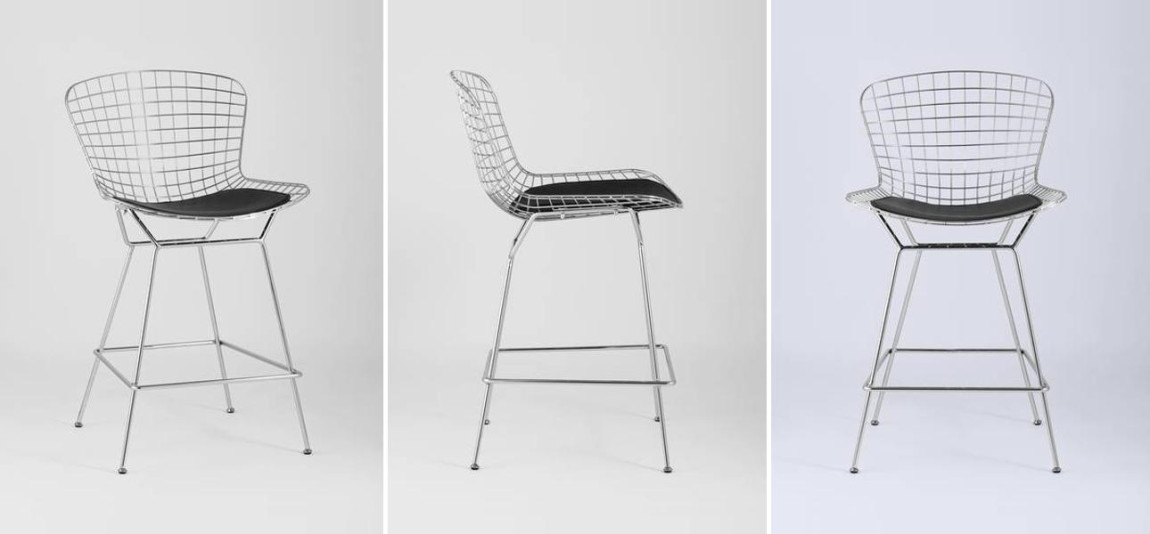 Полубарный стул Bertoia Barstool Хромированный с Черной подушкой