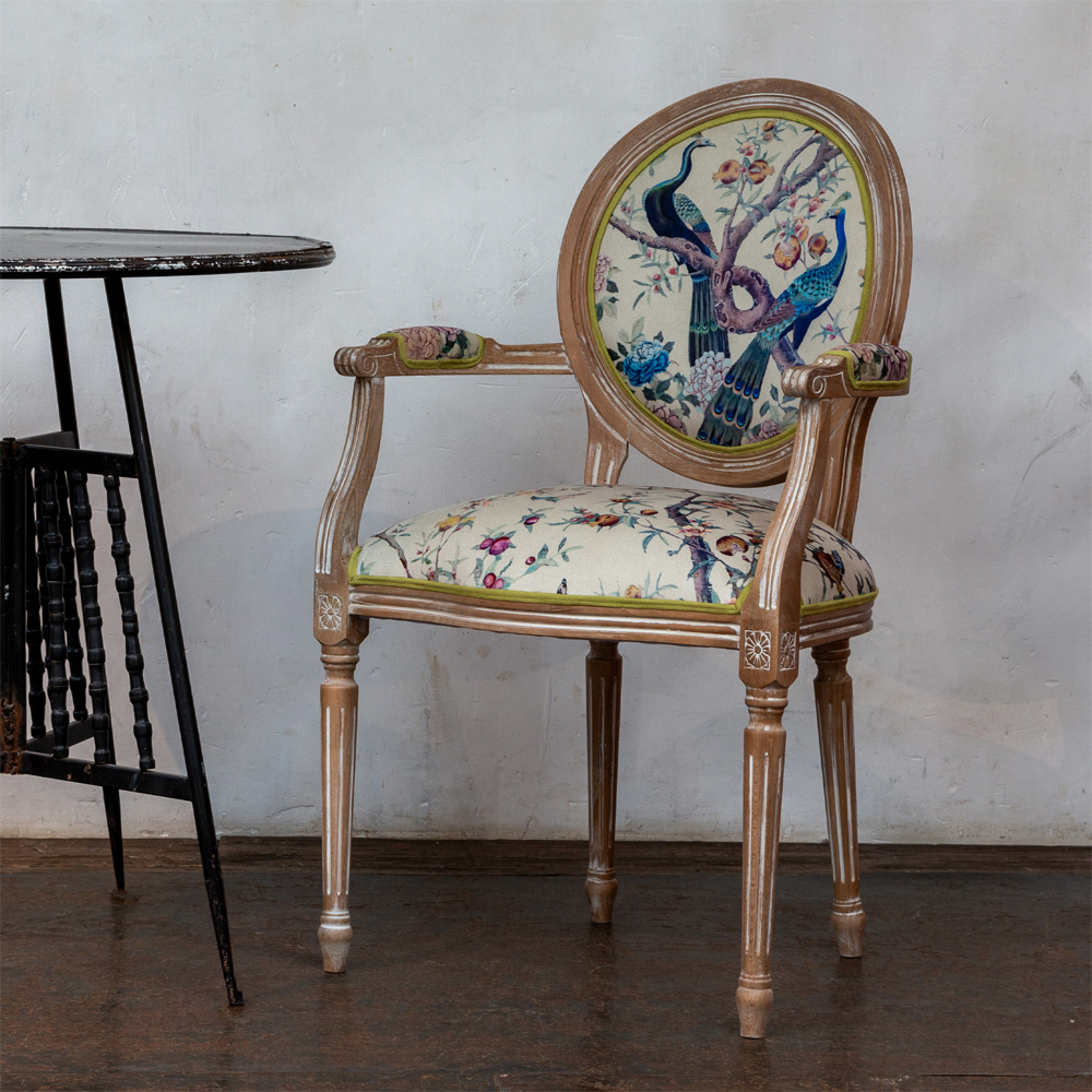 Полукресло из массива бука бежевое с изображением птиц и цветов Beige Green Chinoiserie Garden Chair
