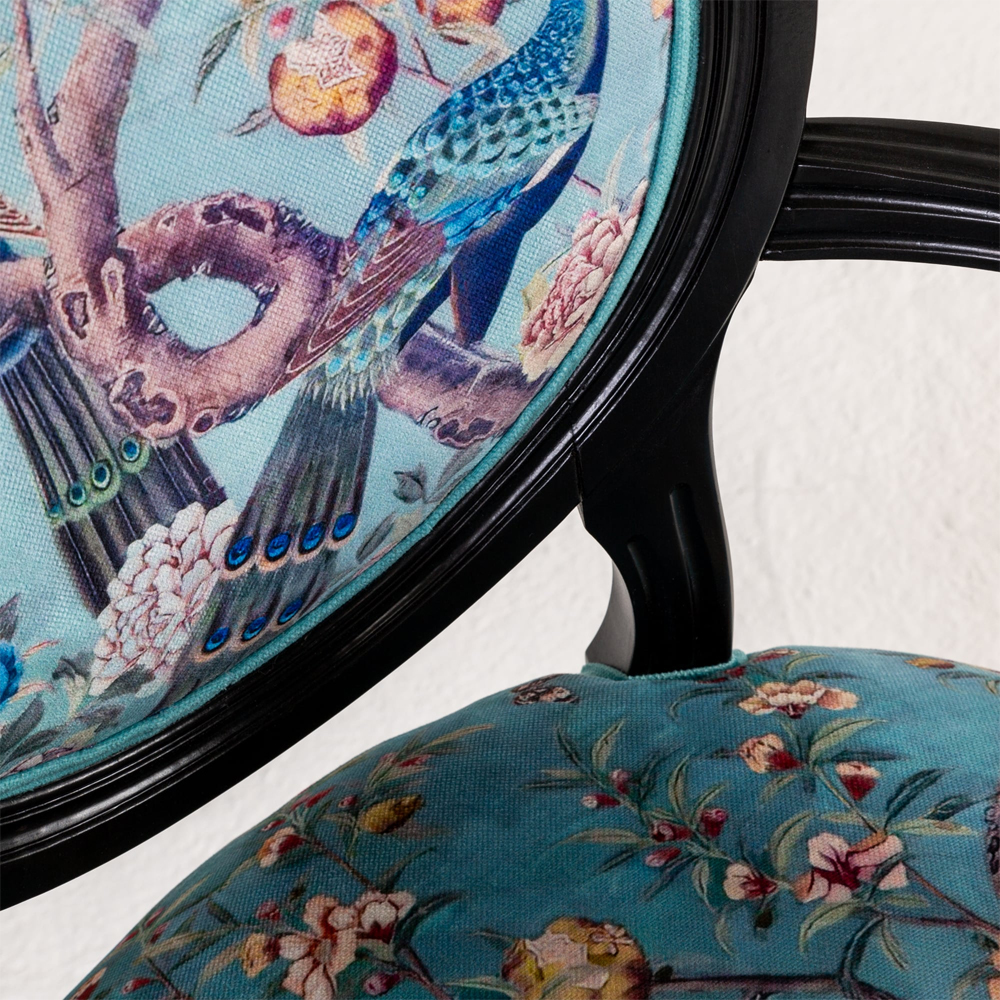 Полукресло из массива бука бирюзовое с изображением птиц и цветов Turquoise Chinoiserie Garden Chair