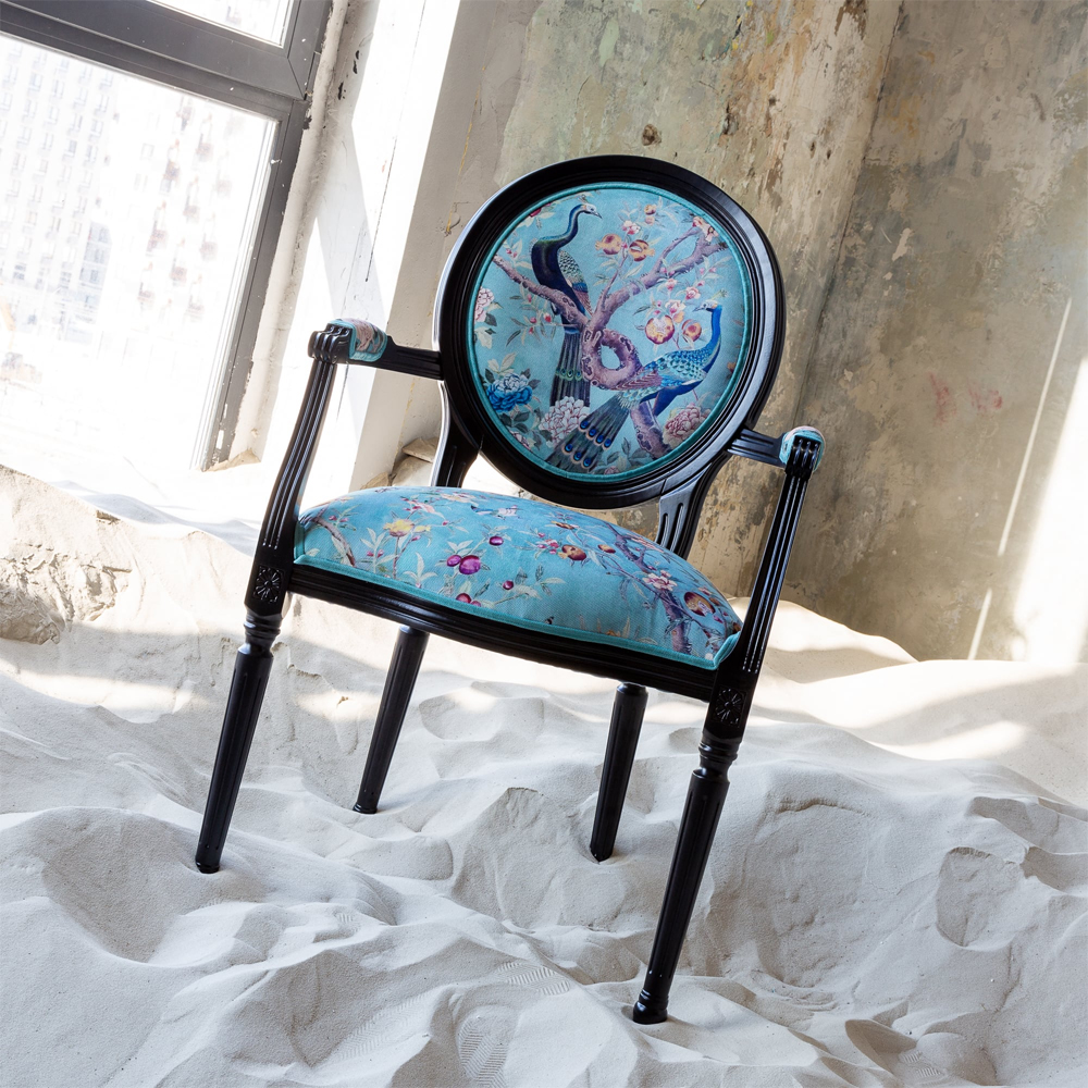 Полукресло из массива бука бирюзовое с изображением птиц и цветов Turquoise Chinoiserie Garden Chair