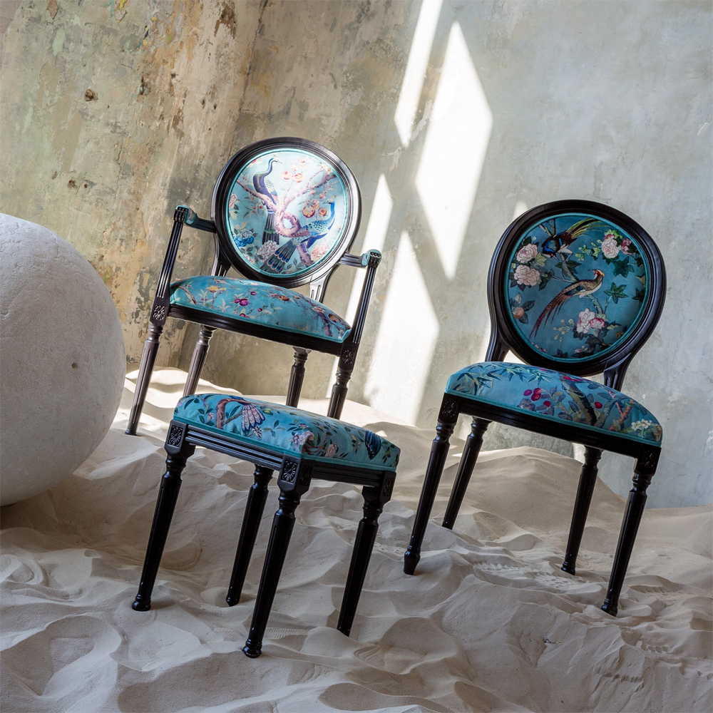 Полукресло из массива бука бирюзовое с изображением птиц и цветов Turquoise Chinoiserie Garden Chair