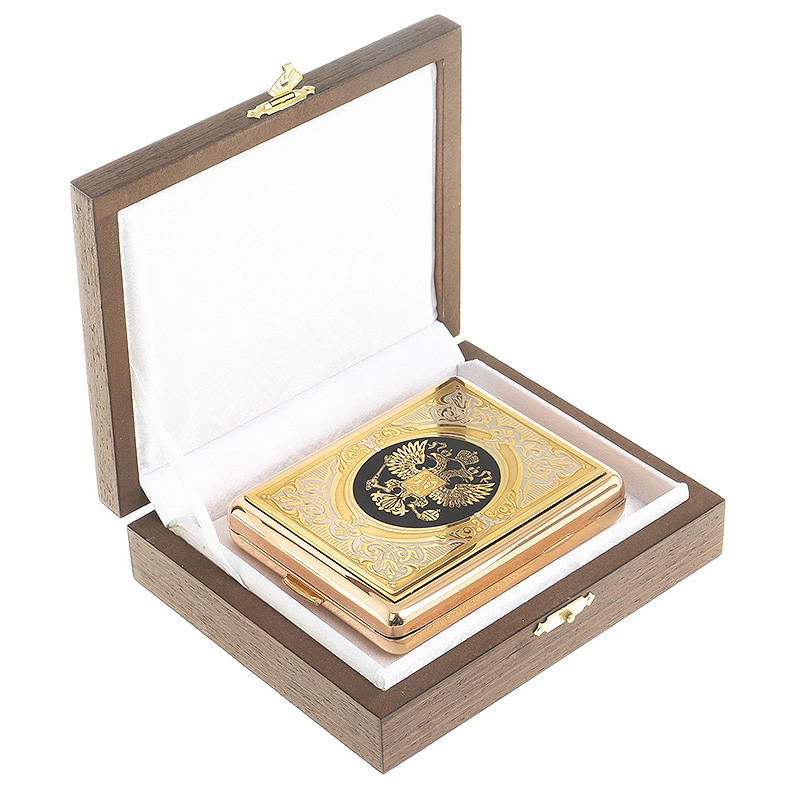 Портсигар на 20 сигарет с гравировкой Герба России в подарочной коробке Metal Cigarettes Cases