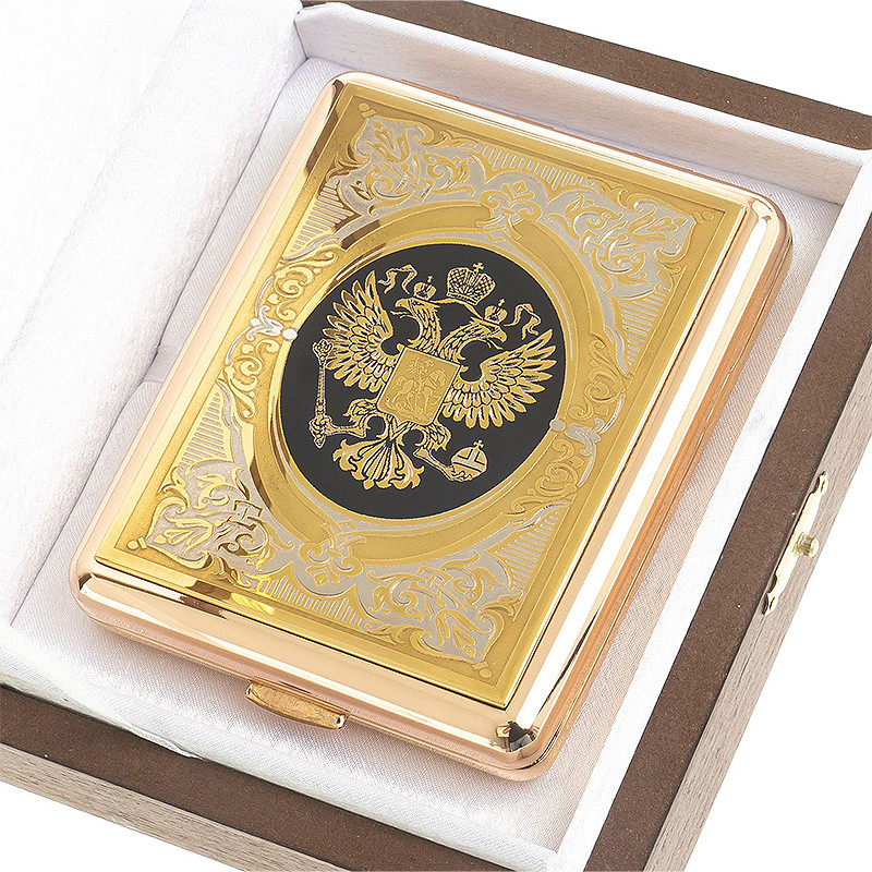 Портсигар на 20 сигарет с гравировкой Герба России в подарочной коробке Metal Cigarettes Cases