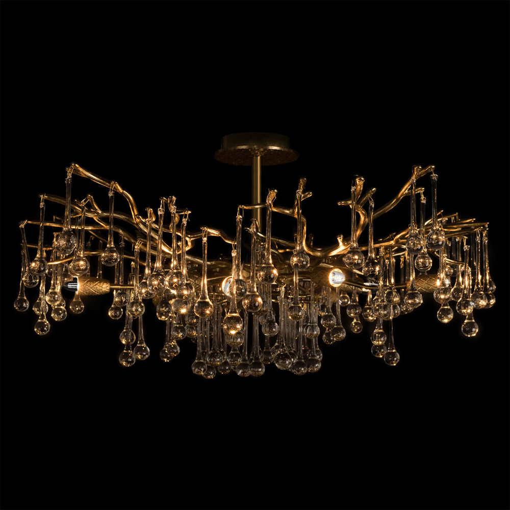 Потолочная люстра в виде ветвей деревьев золотого цвета с прозрачными подвесками-каплями Droplet Chandelier