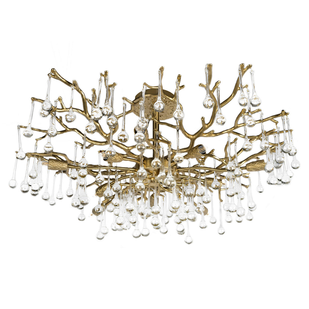 Потолочная люстра в виде ветвей деревьев золотого цвета с прозрачными подвесками-каплями Droplet Chandelier