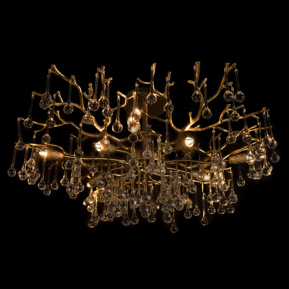 Потолочная люстра в виде ветвей деревьев золотого цвета с прозрачными подвесками-каплями Droplet Chandelier