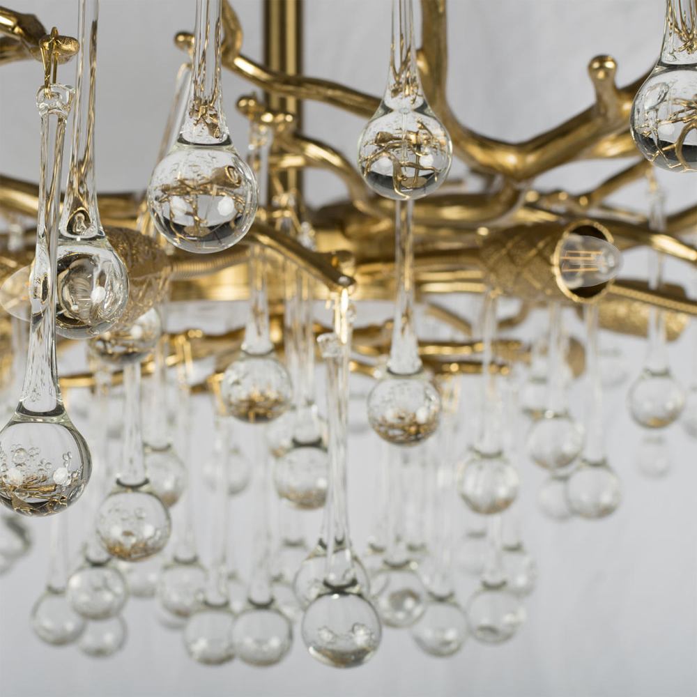 Потолочная люстра в виде ветвей деревьев золотого цвета с прозрачными подвесками-каплями Droplet Chandelier