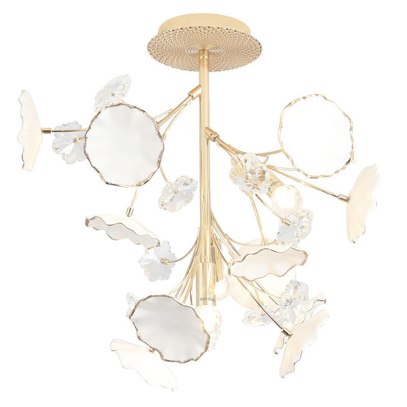 Потолочный светильник с золотыми ветвями и белыми лепестками на круглом рельефном основании Wintery flovers