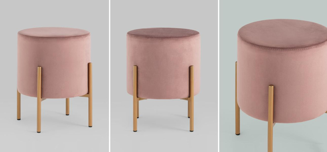 Пуф круглый пыльно-розовый велюр золотые ножки Sanjay Velour