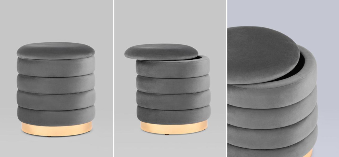 Пуф с ящиком Charlotte серый Glossy Velor