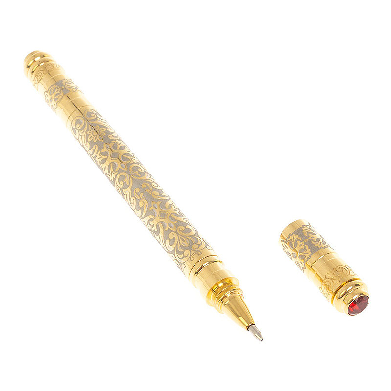 Ручка шариковая металлическая с гравировкой и красным фианитом в деревянной коробке Metal Pens