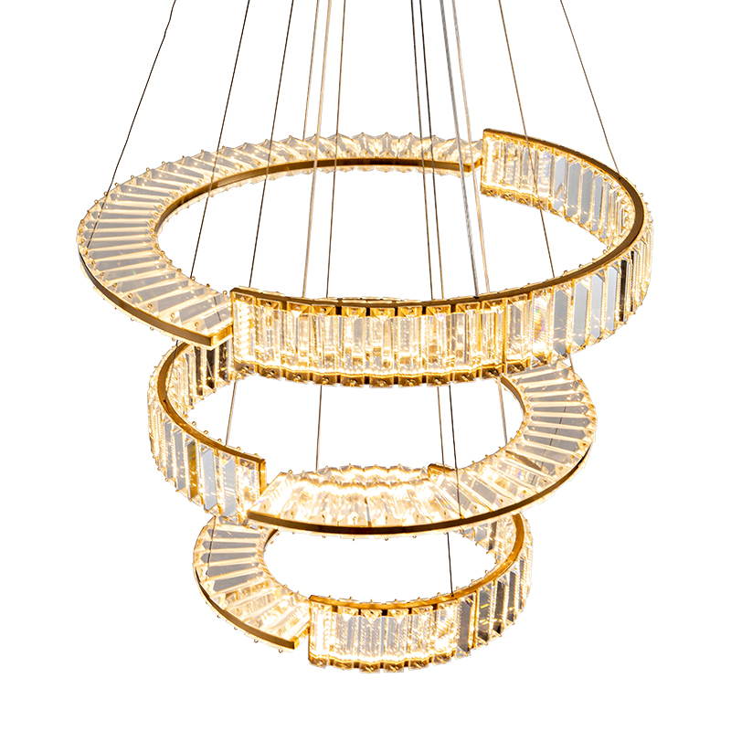 Светодиодная трехъярусная кольцевая люстра из хрусталя и стали с пультом для регулировки света Maude Crystal Light