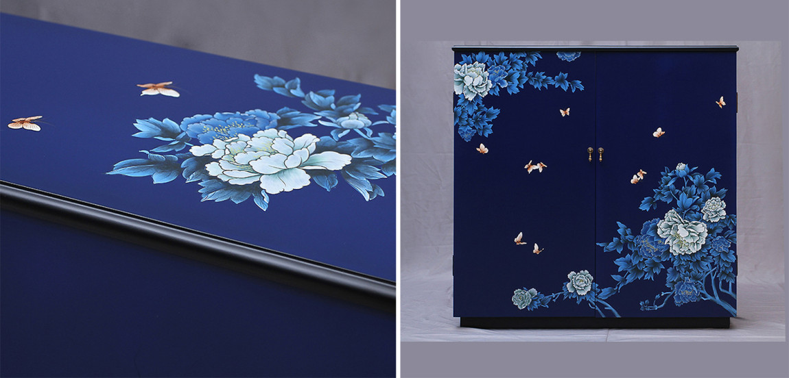 Синий Комод в Китайском стиле ручная роспись Цветы и Бабочки Flowers and Butterflies Blue chest