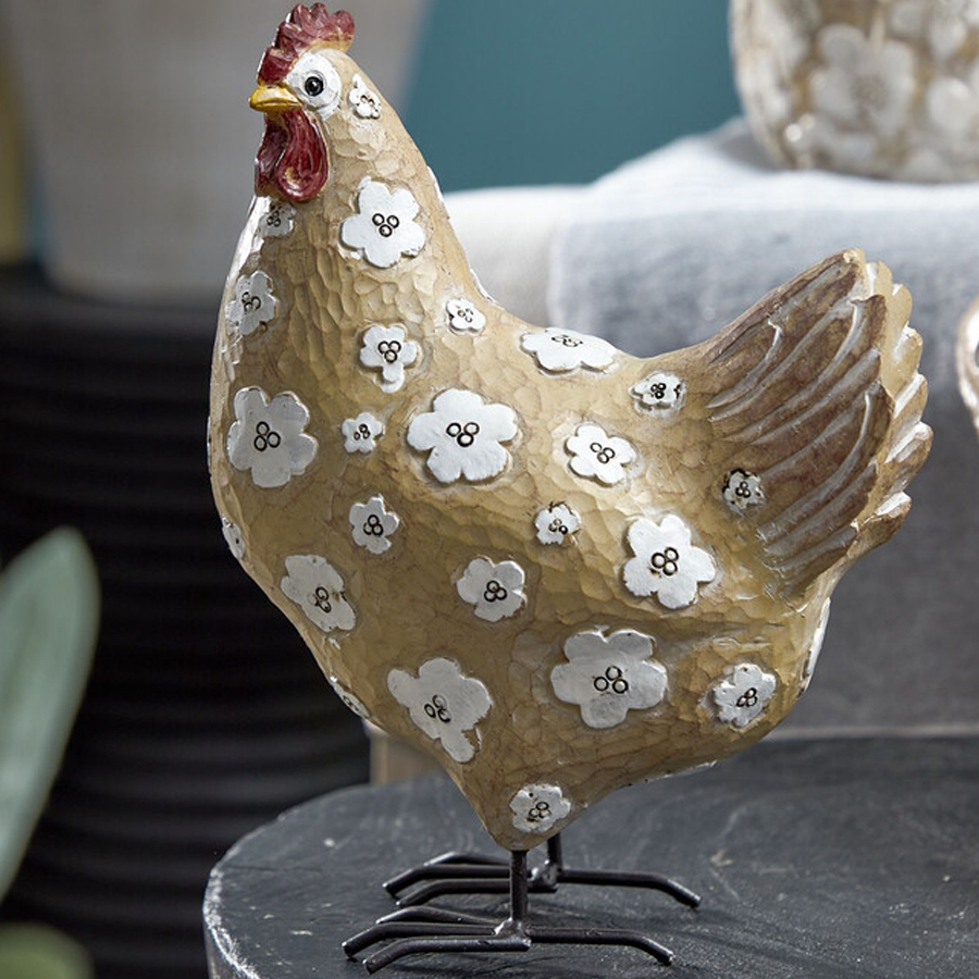 Статуэтка курица с белым цветочным узором и металлическими ножками Rustic Chicken