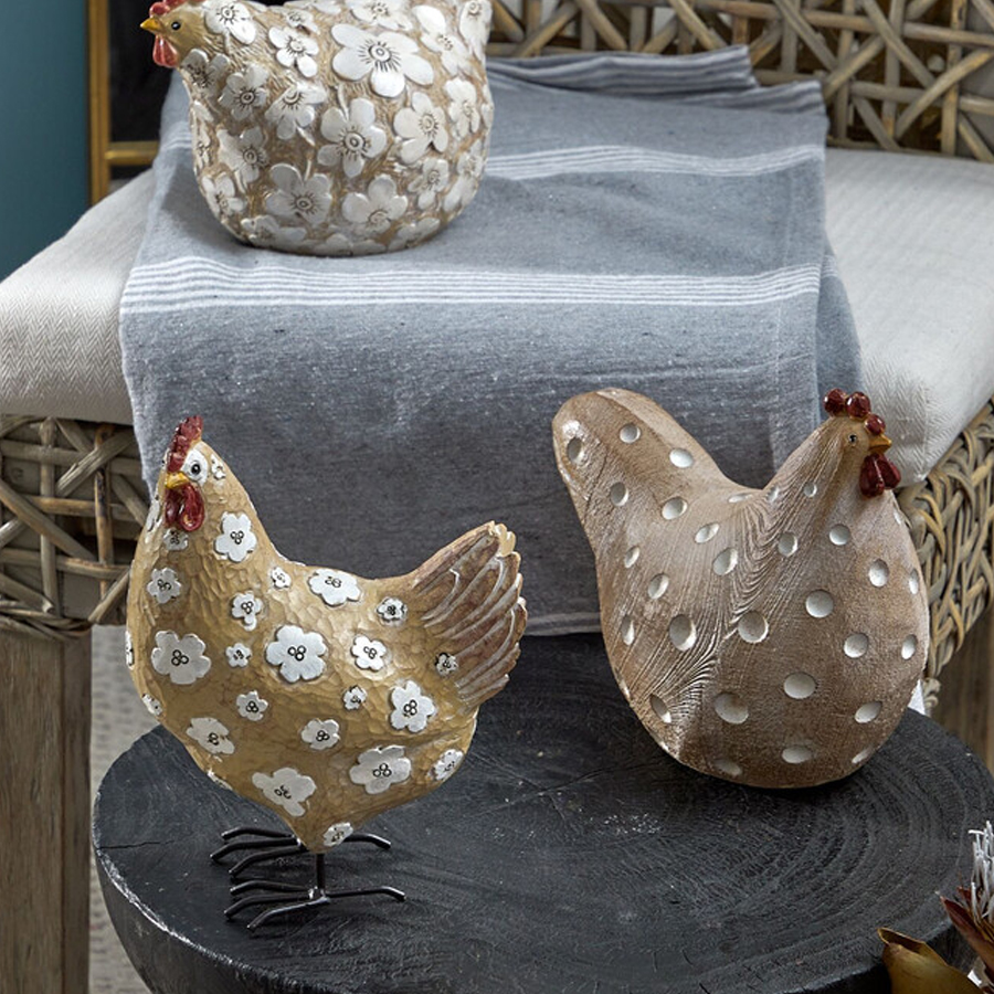 Статуэтка курица с белым цветочным узором и металлическими ножками Rustic Chicken