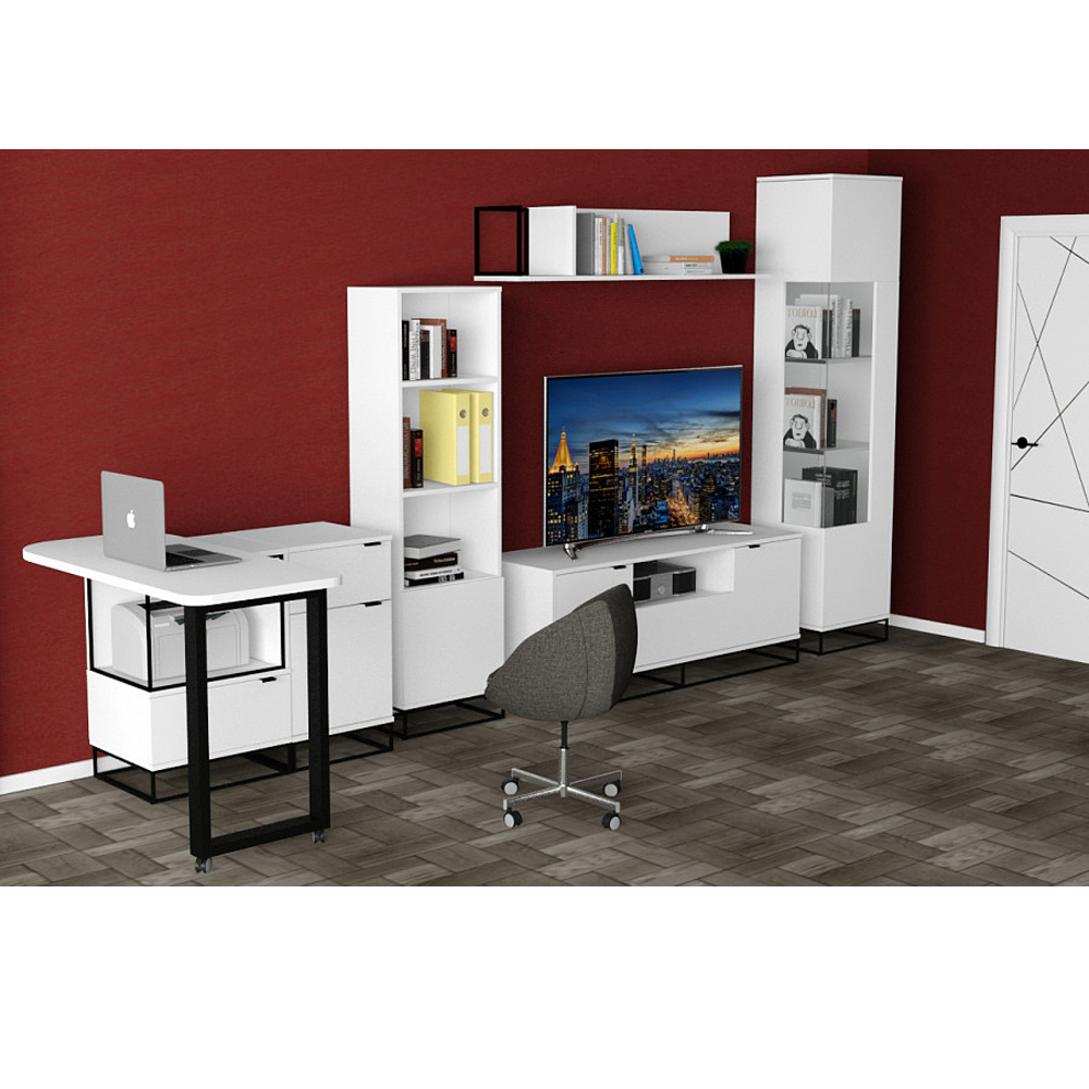 Стеллаж книжный белый с 3-мя открытыми полками и дверкой Strict Lines