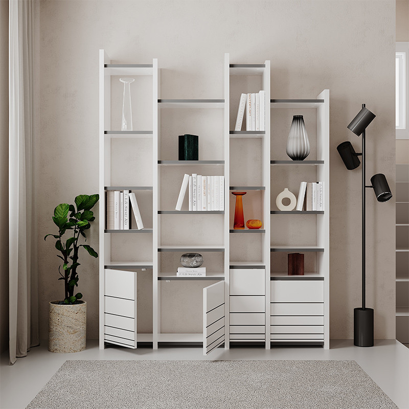 Стеллаж прямой ассиметричный с полками и 4-мя дверцами ARYA BOOKCASE WHITE