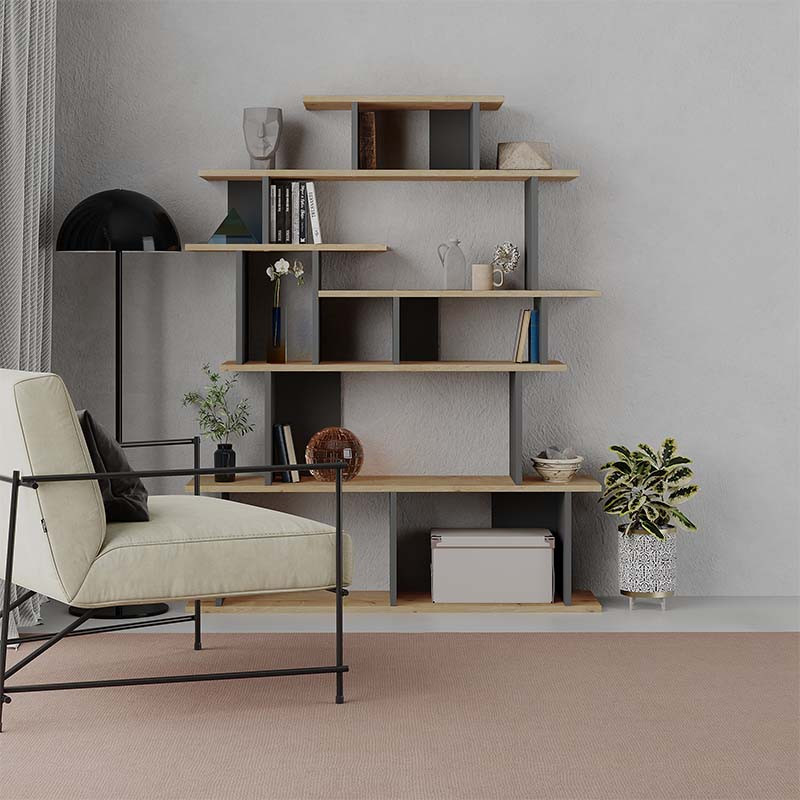 Стеллаж прямой с вертикальными и горизонтальными полками цвета антрацит и древесины APOLLON BOOKCASE ANTHRACITE OAK