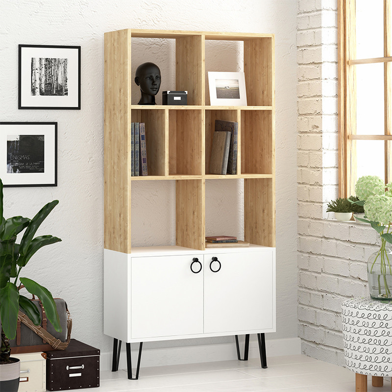 Стеллаж прямой цвета древесины с полками и 2-мя белыми дверцами BENE BOOKCASE OAK