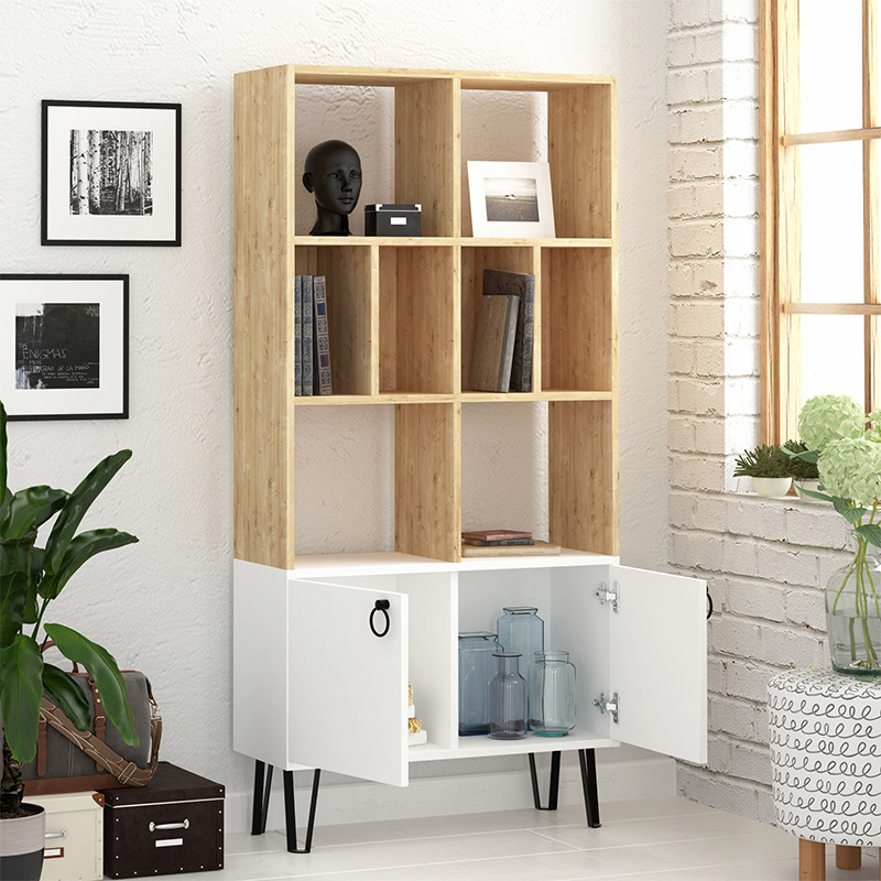 Стеллаж прямой цвета древесины с полками и 2-мя белыми дверцами BENE BOOKCASE OAK