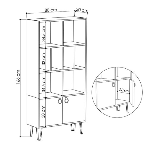 Стеллаж прямой цвета древесины с полками и 2-мя белыми дверцами BENE BOOKCASE OAK