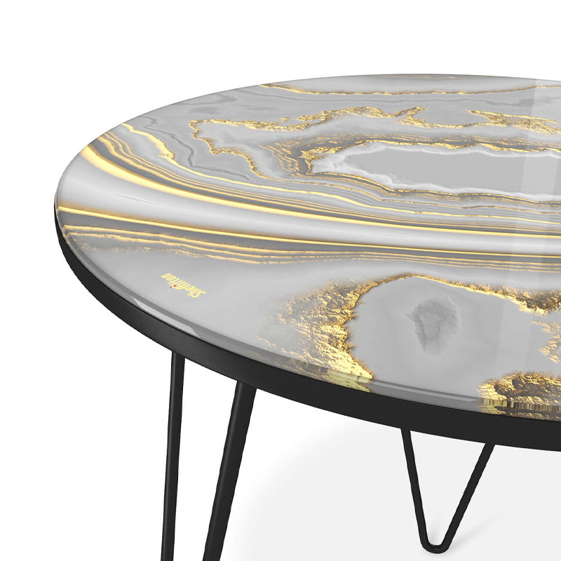 Стол журнальный c круглой столешницей из стекла серого цвета Gray and Gold Marble