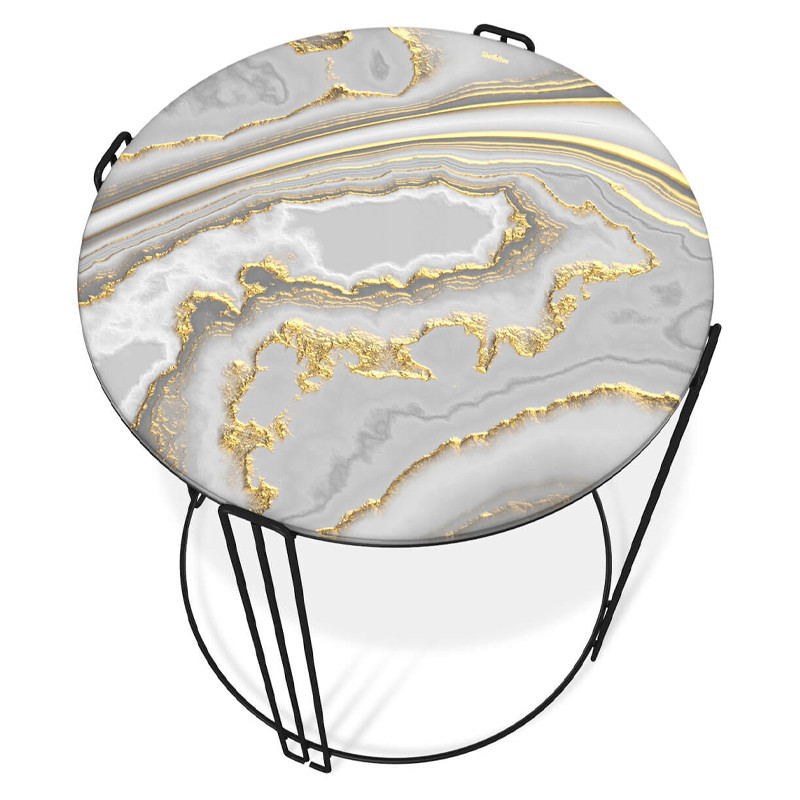 Стол журнальный круглый с серой столешницей из стекла на 4-х черных ножках Gray and Gold Marble