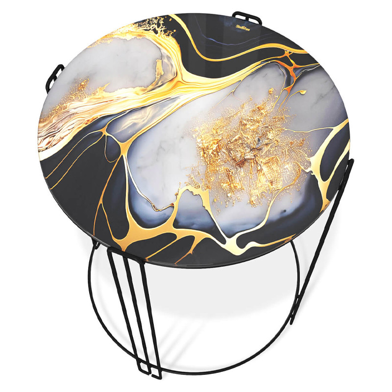 Стол журнальный круглый со столешницей из стекла Gold and Black Marble