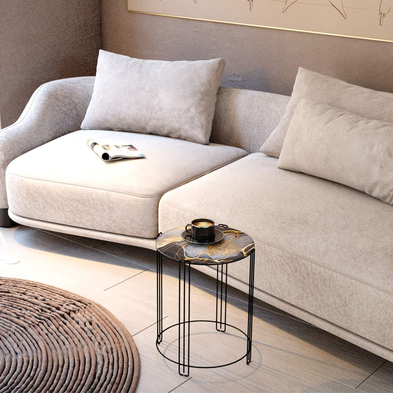 Стол журнальный круглый со столешницей из стекла Gold and Black Marble