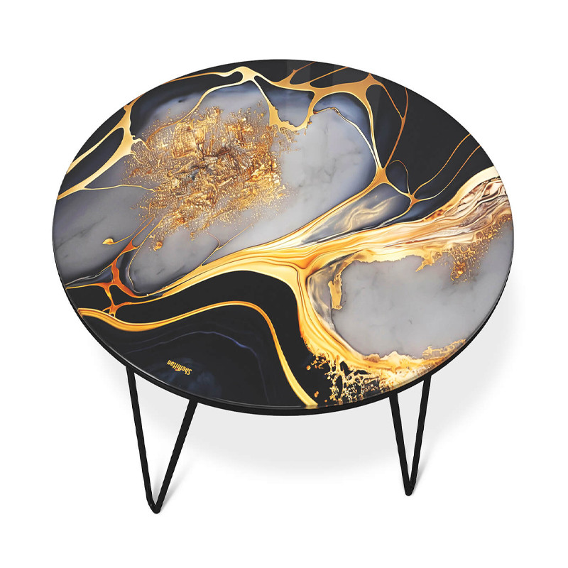 Стол журнальный с круглой столешницей из стекла Gold and Black Marble